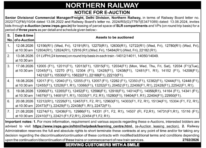 E-Auction Notice for Leasing of SLR Compartments and VPs