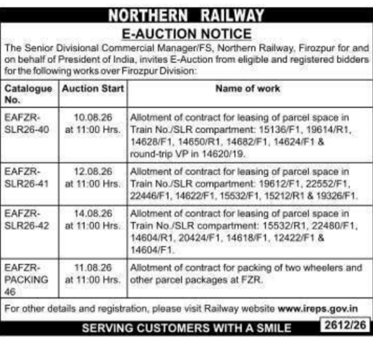 E-Auction Notice for Parcel Space Leasing by Northern Railway Firozpur