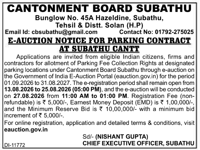 E-Auction Notice for Parking Contract by Cantonment Board Subathu
