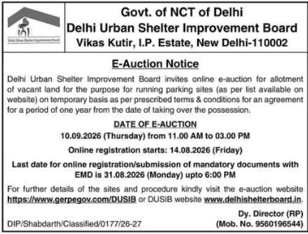 E-Auction Notice for Parking Sites Allotment by DUSIB