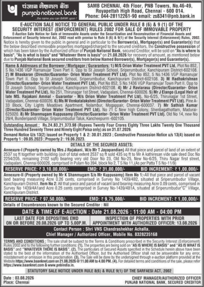 E-Auction Notice for Properties in Chennai & Kanchipuram