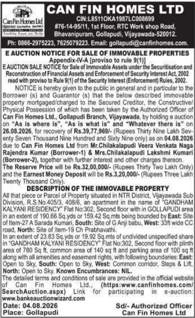 E-Auction Notice for Residential Apartment Flat in Gollapudi