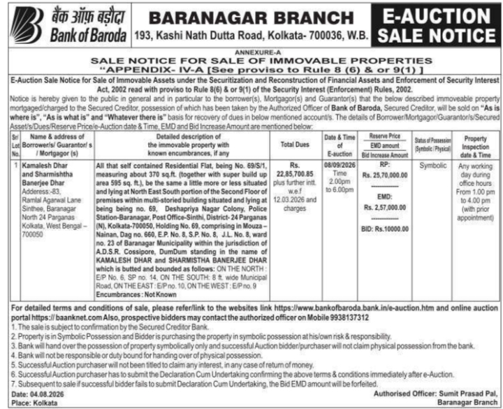 E-Auction Notice for Residential Flat in Baranagar