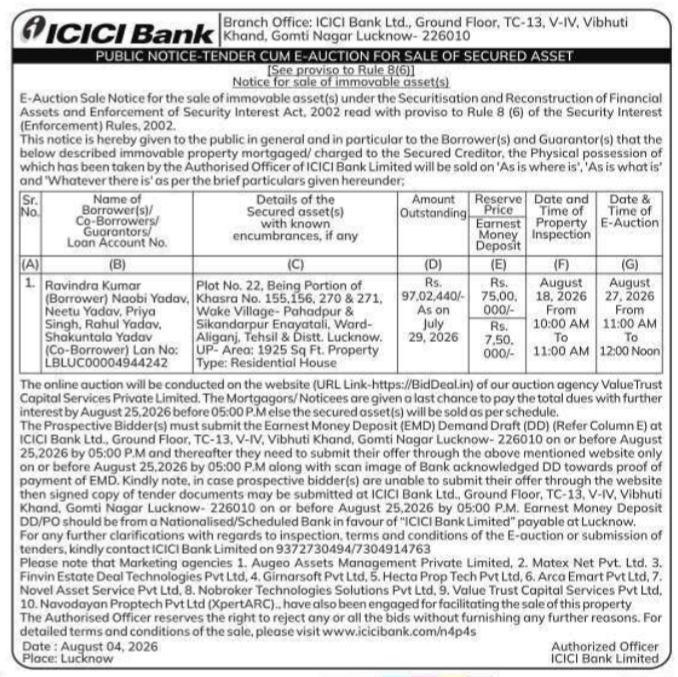 E-Auction Notice for Residential House in Lucknow
