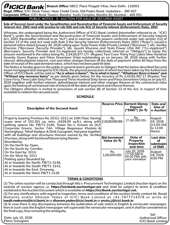 E-Auction Notice: ICICI Bank Commercial Property Sale