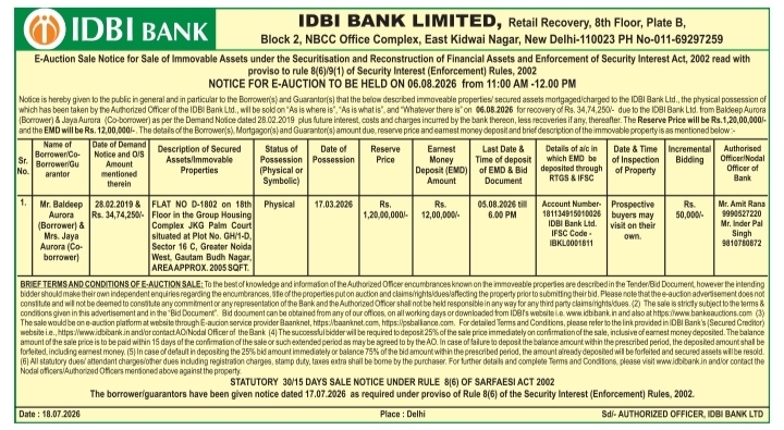 E-Auction Notice: Immovable Asset Auction Work IDBI Bank Limited, Greater Noida