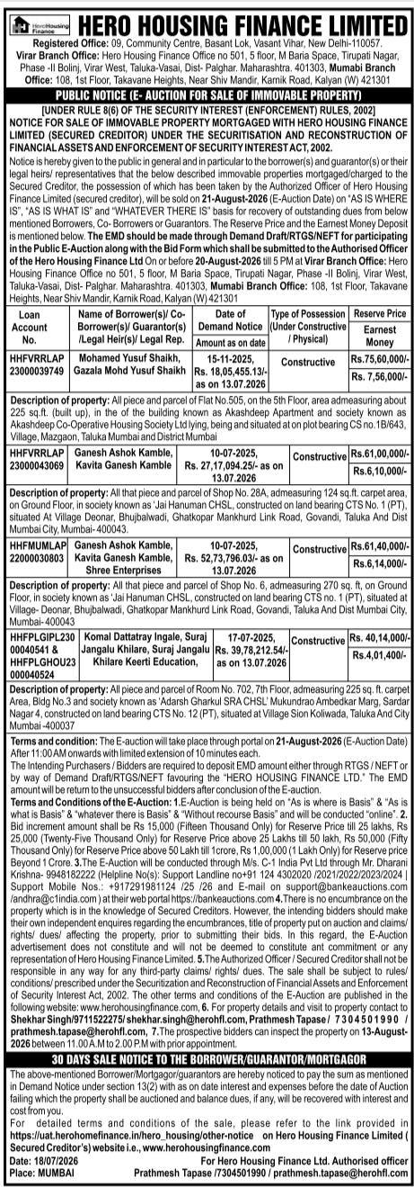 E-Auction Notice: Immovable Property Auction Work Hero Housing Finance Limited, Mumbai