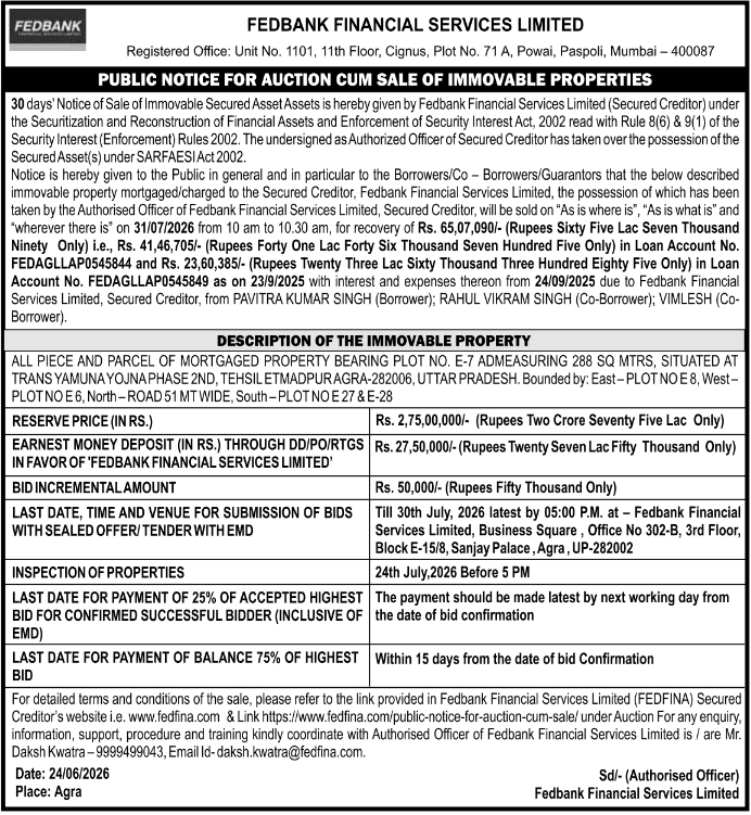 E-Auction Notice: Immovable Property Sale by Fedbank Financial Services Limited
