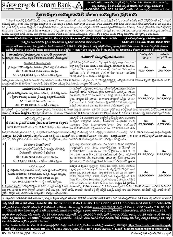 E-Auction Notice: Multiple Properties Sale, Canara Bank Vijayawada