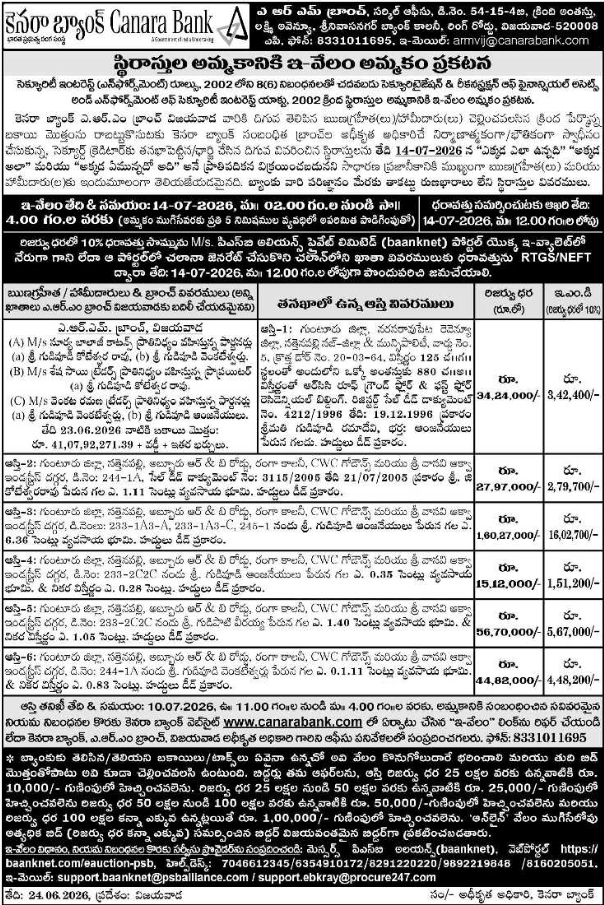 E-Auction Notice: Multiple Properties Sale, Canara Bank Vijayawada