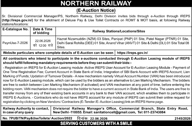 E-Auction Notice: Pay & Use Toilet Contracts by Northern Railway