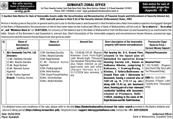 E-Auction Notice: Property Sale, Bank of Maharashtra Guwahati