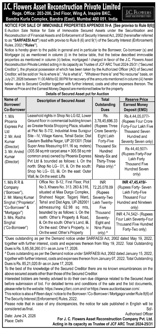 E-Auction Notice: Property Sale by J.C. Flowers Asset Reconstruction Private Limited