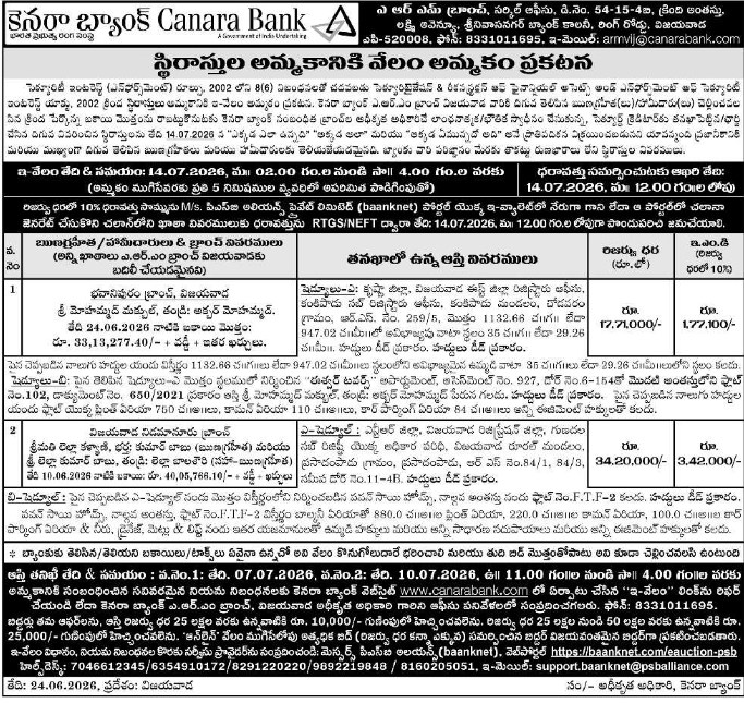 E-Auction Notice: Property Sale, Canara Bank Vijayawada