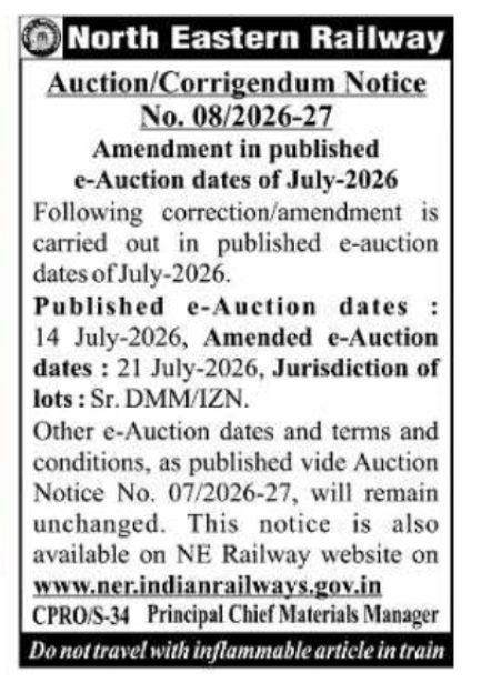 e-Auction Notice: Rescheduled July Dates for NER Lots