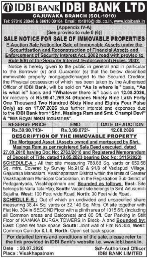 E-Auction Notice: Sale of Immovable Properties