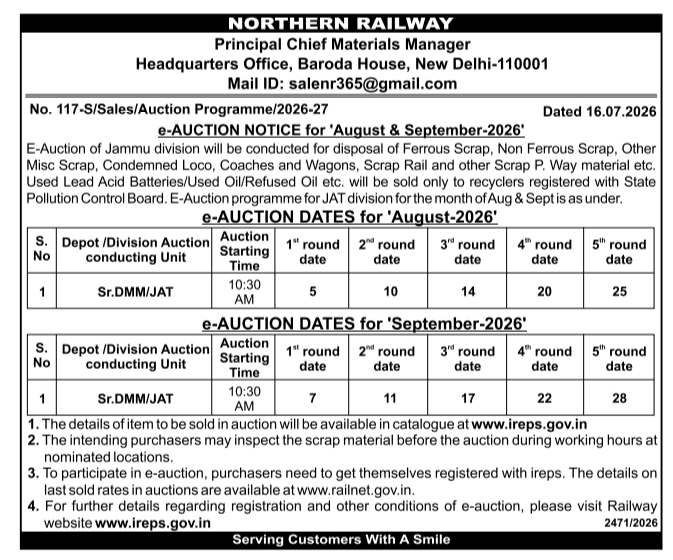 E-Auction Notice: Scrap Material Disposal Work Northern Railway, Jammu Division