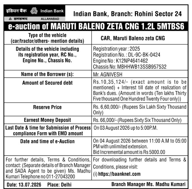 E-Auction Notice: Vehicle Sale of Maruti Baleno Zeta CNG