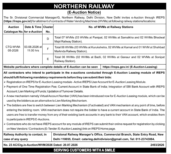E-Auction Notice: Water Vending Machine Contracts by Northern Railway