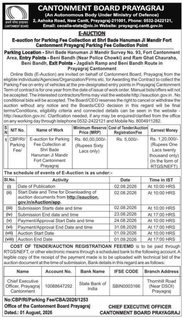 E-Auction Notification for Parking Fee Collection (Cantonment Board Prayagraj)