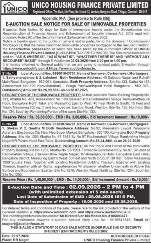 E-Auction Notification for Residential Properties in Bangalore