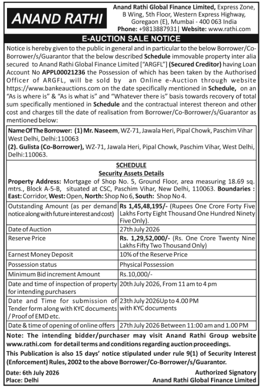 E-Auction Sale Notice: Anand Rathi Global Finance Commercial Property Auction