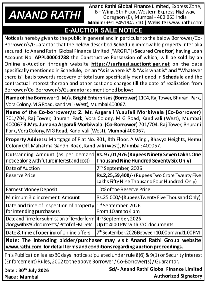 E-Auction Sale Notice by Anand Rathi Global Finance Limited