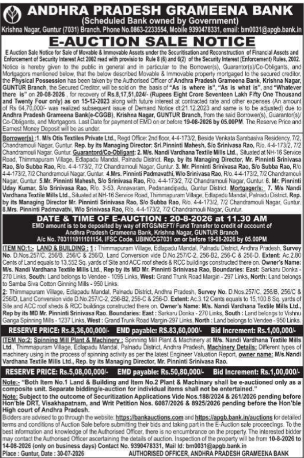 E-Auction Sale Notice by Andhra Pradesh Grameena Bank