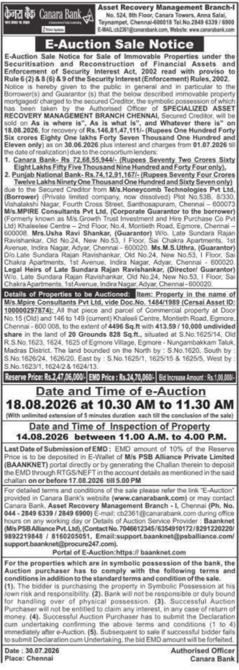 E-Auction Sale Notice by Canara Bank