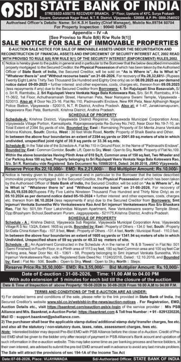 E-Auction Sale Notice by State Bank of India Vijayawada