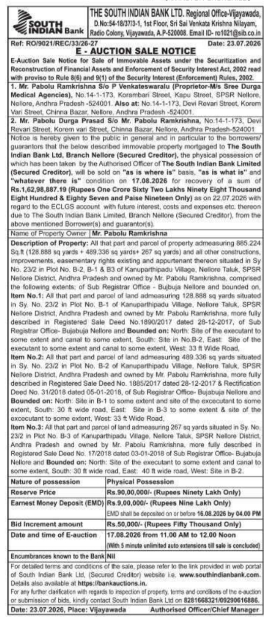 E-Auction Sale Notice by The South Indian Bank