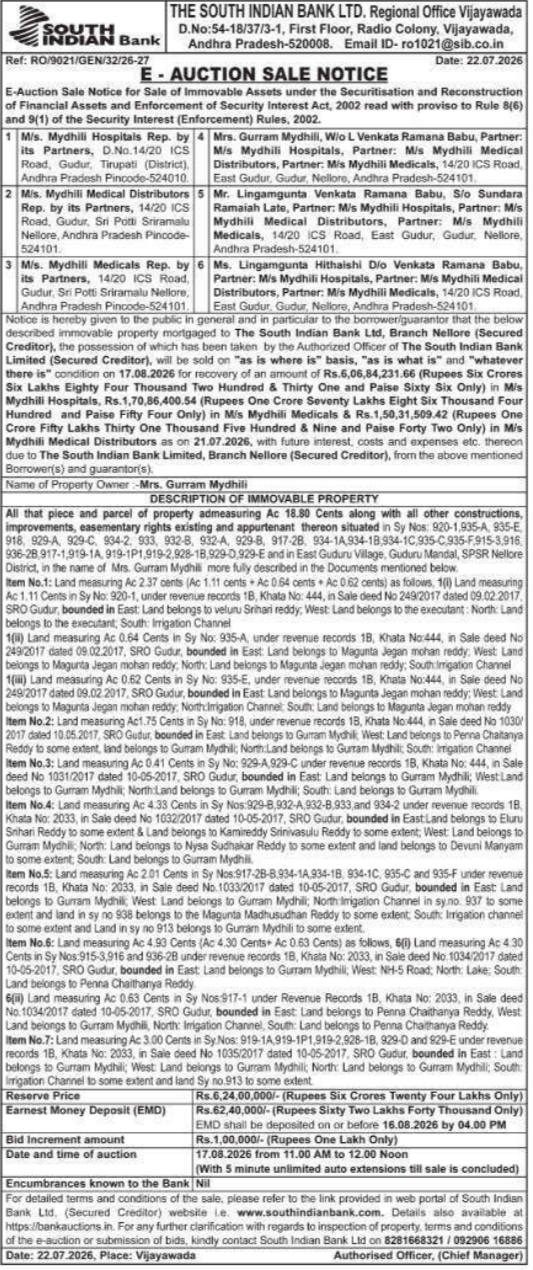 E-Auction Sale Notice by The South Indian Bank
