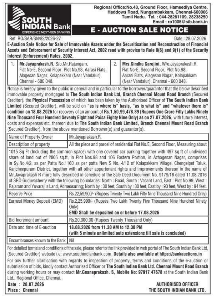 E-Auction Sale Notice by The South Indian Bank