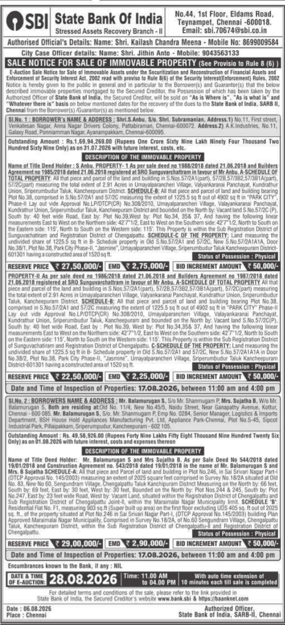 E-Auction Sale Notice for 3 Properties by SBI Chennai