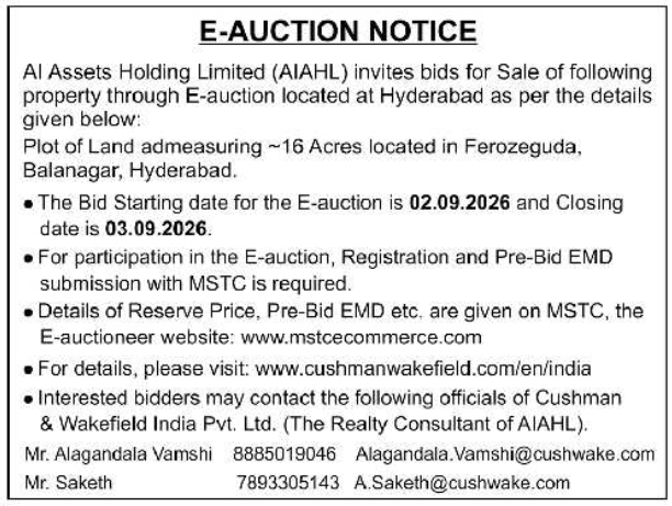 E-Auction Sale Notice for Balanagar Land by AI Assets Holding Limited