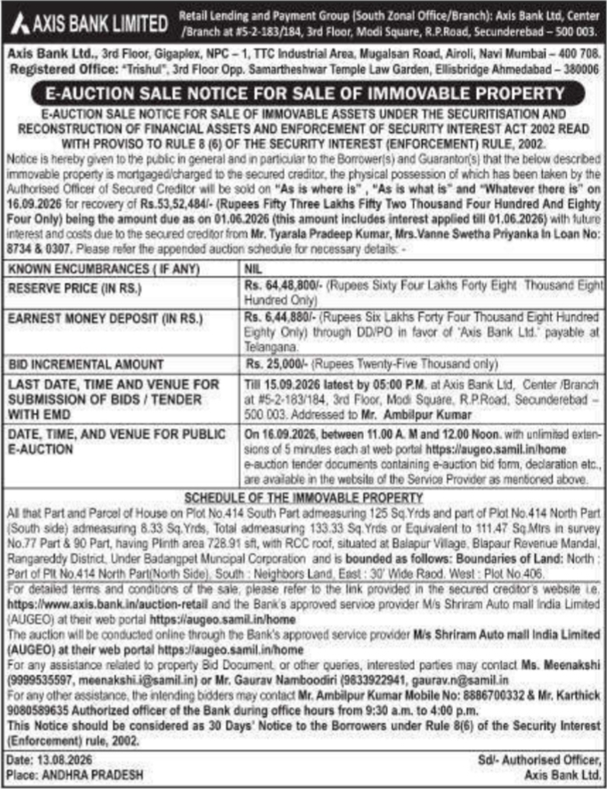 E-Auction Sale Notice for Balapur Residential House by Axis Bank Limited