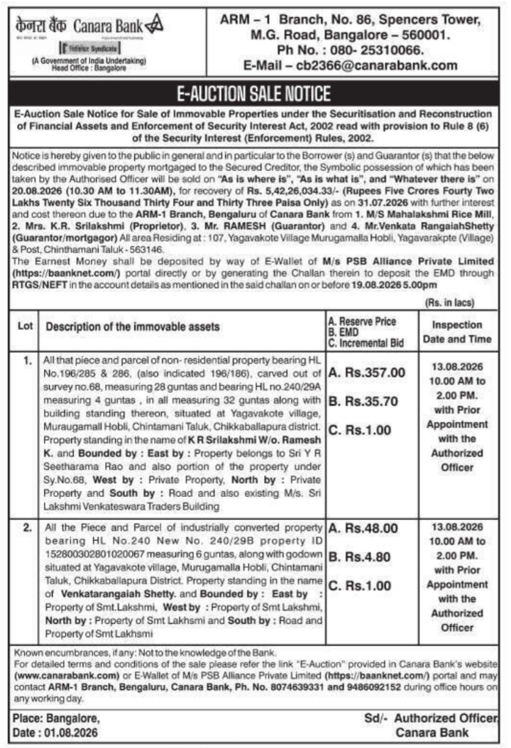 E-Auction Sale Notice for Canara Bank Secured Properties
