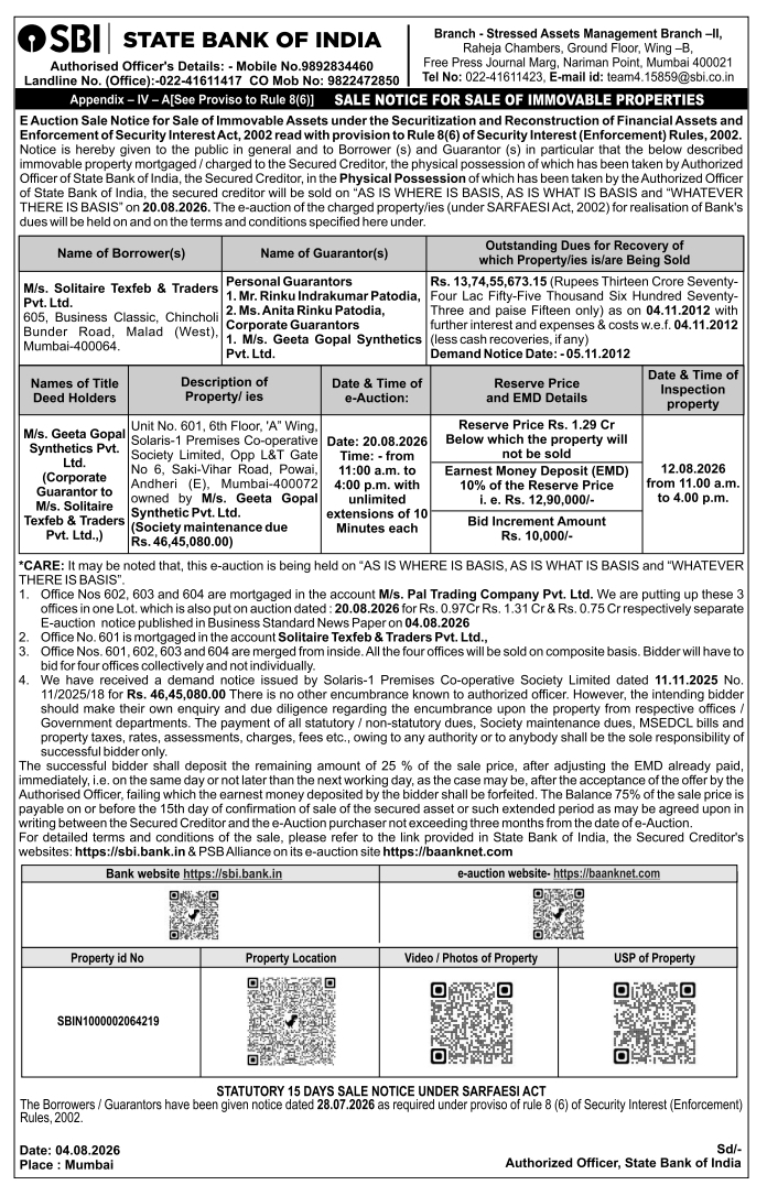 E-Auction Sale Notice for Commercial Property of Solitaire Texfeb
