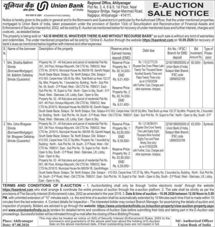 E-Auction Sale Notice for Flats by UBI Ahilyanagar