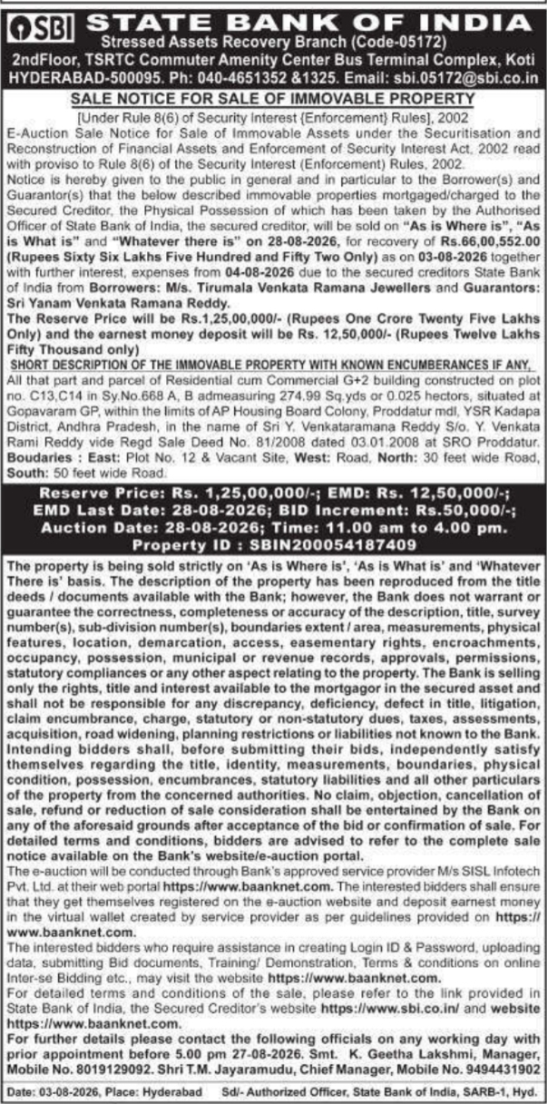 E-Auction Sale Notice for G+2 Building in Proddatur