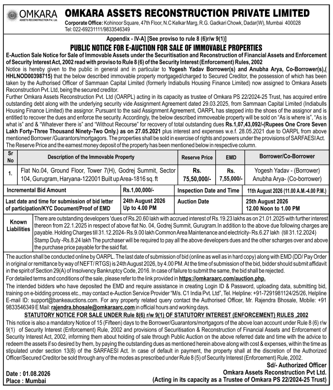 E-Auction Sale Notice for Godrej Summit Property by Omkara Assets Reconstruction