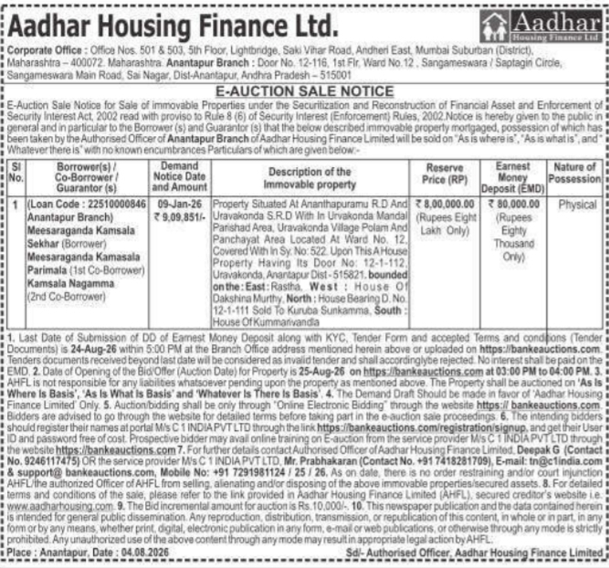 E-Auction Sale Notice for House in Anantapuramu