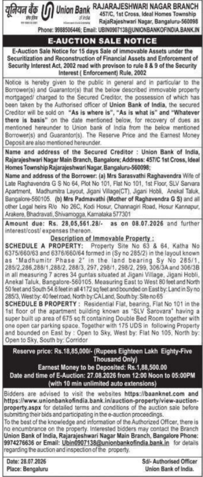 E-Auction Sale Notice for Immovable Asset by Union Bank of India