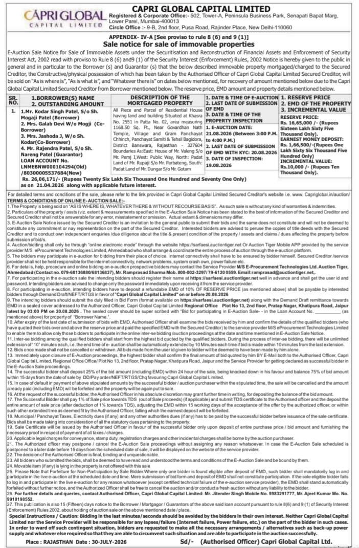 E-Auction Sale Notice for Immovable Assets by Capri Global Capital Limited