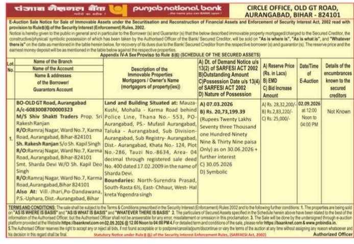 E-Auction Sale Notice for Immovable Assets (Punjab National Bank - Aurangabad)