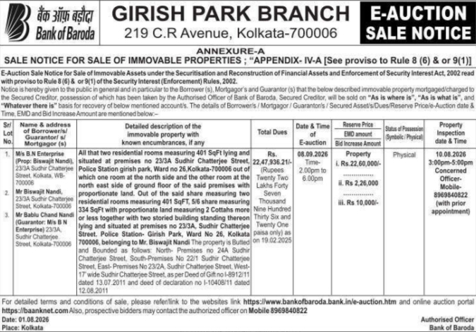 E-Auction Sale Notice for Immovable Properties (Bank of Baroda - Kolkata)