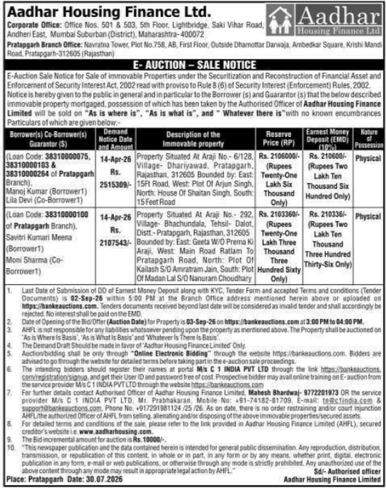 E-Auction Sale Notice for Immovable Properties by Aadhar Housing Finance