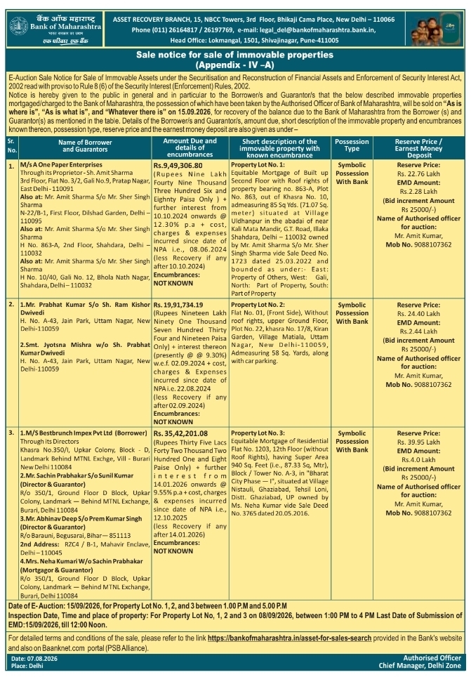 E-Auction Sale Notice for Immovable Properties by Bank of Maharashtra