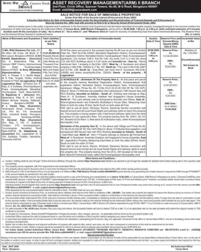 E-Auction Sale Notice for Immovable Properties by Canara Bank
