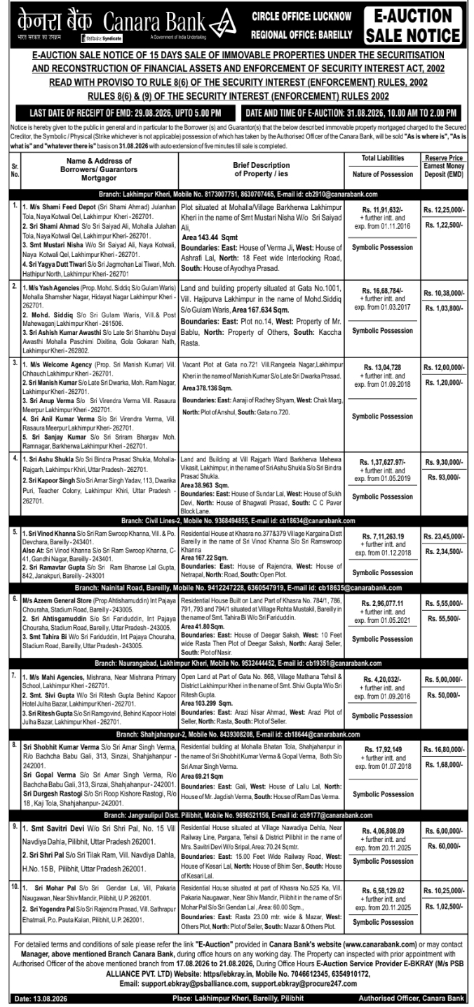 E-Auction Sale Notice for Immovable Properties by Canara Bank